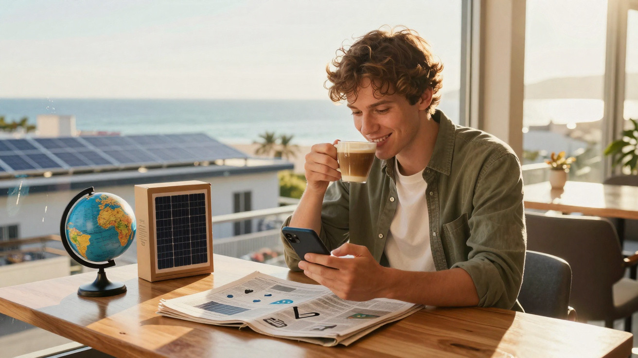 Jovem a beber café e a olhar para o telemóvel, com jornal e mini painel solar numa mesa junto ao mar.
