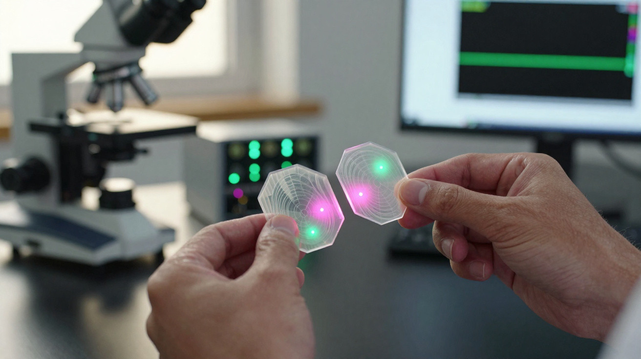 Mãos seguram dispositivos transparentes com luzes verdes e rosa em laboratório com microscópio ao fundo.