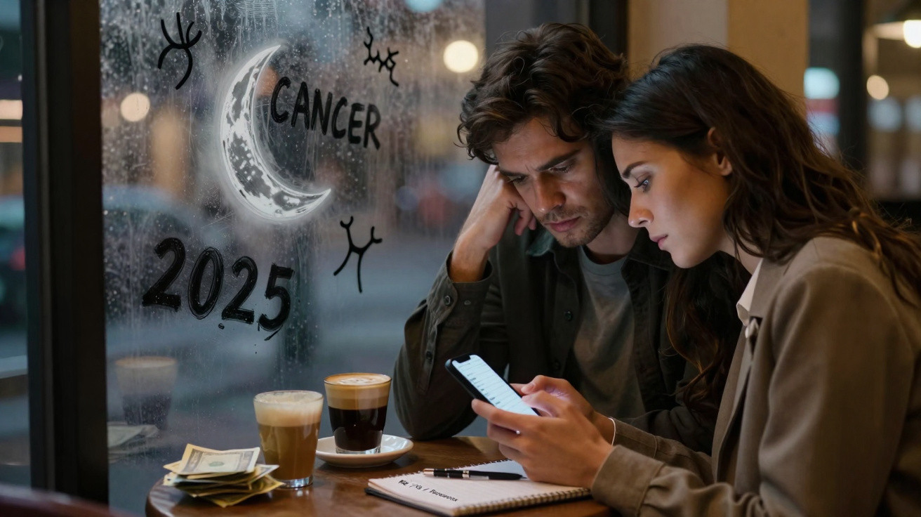 Homem e mulher em café a consultar telemóvel, com desenhos de lua e texto câncer 2025 na janela húmida.