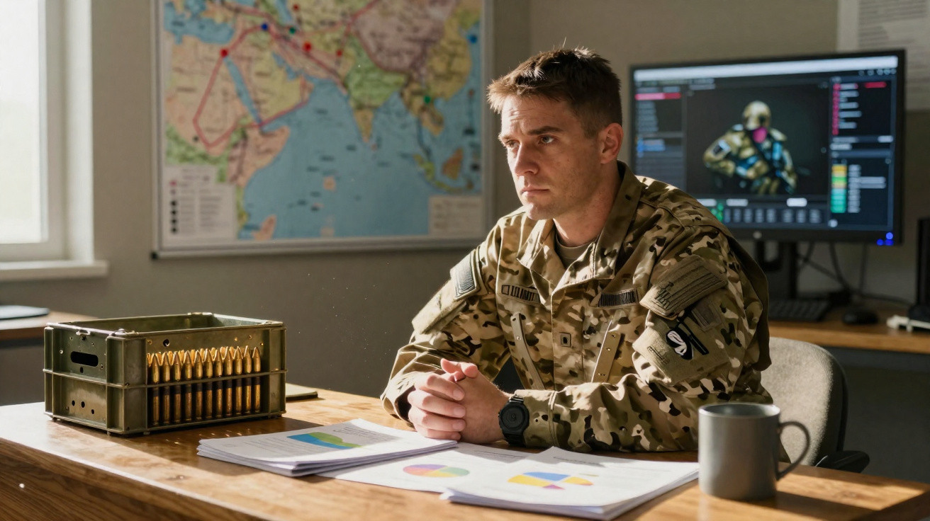 Soldado em uniforme militar sentado a uma mesa com mapas, gráficos, caixa de balas e computador.