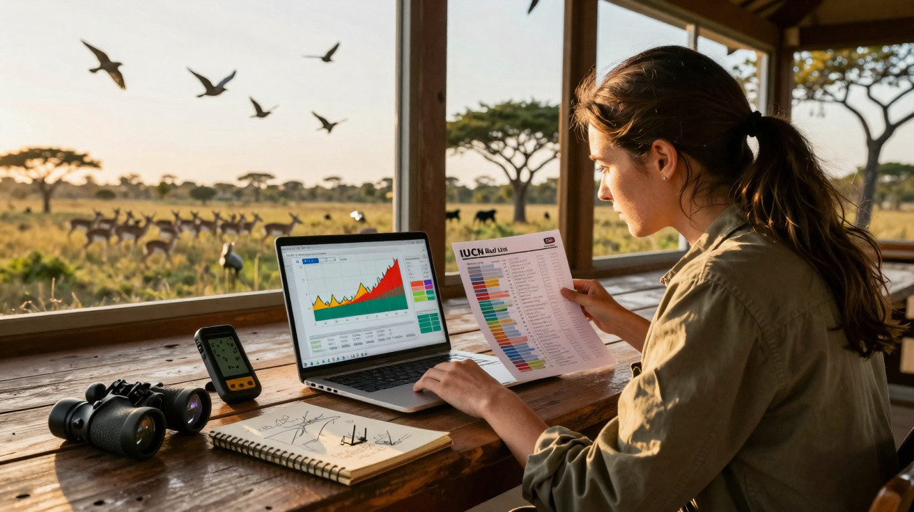 Mulher a analisar dados em gráfico no computador, num abrigo com vista para savana e animais selvagens.
