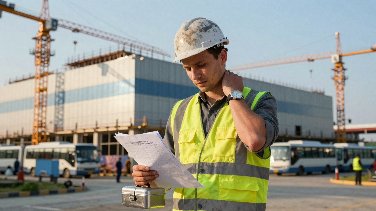 Trabalhador de construção com capacete e colete refletor a ler documentos no canteiro de obras.