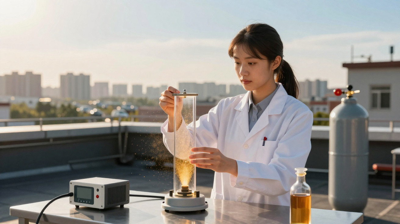 Cientista em bata branca a mexer em equipamento de laboratório ao ar livre numa mesa de metal.