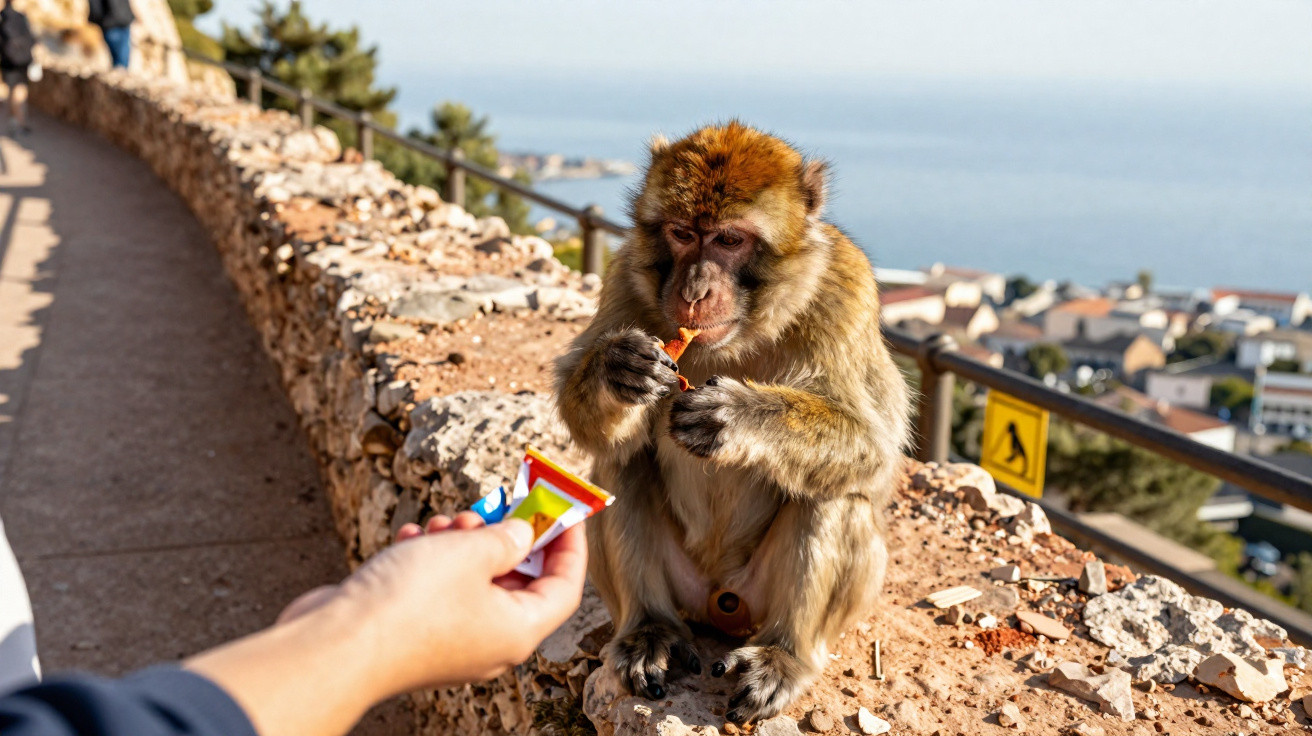 Macaco barbudo a comer comida dada pela mão de uma pessoa numa muralha de pedra.