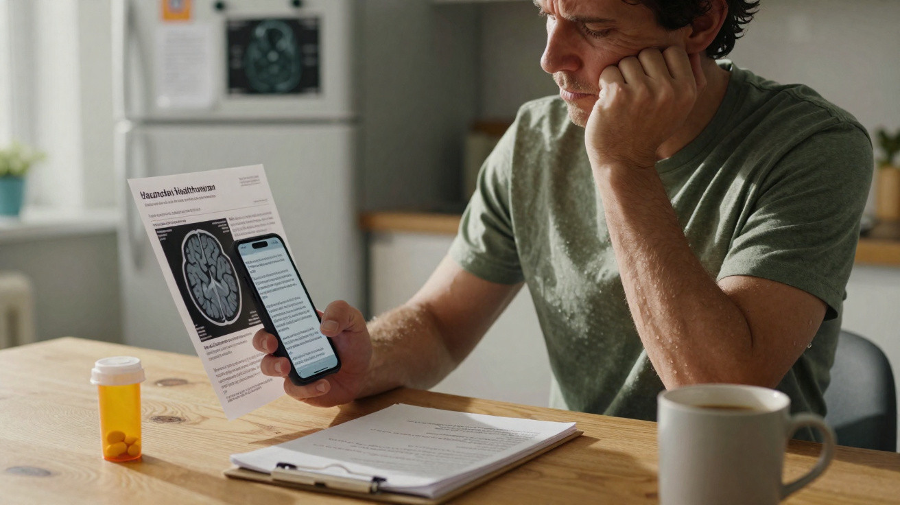 Homem analisa resultados médicos e mensagens no telemóvel à mesa com comprimidos e café.