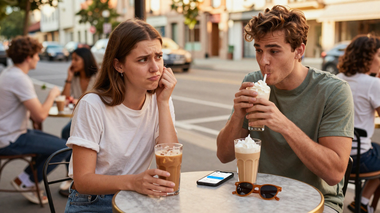 Jovem mulher com expressão desconfortável sentada a uma mesa com um homem a beber batido e telemóvel à frente.