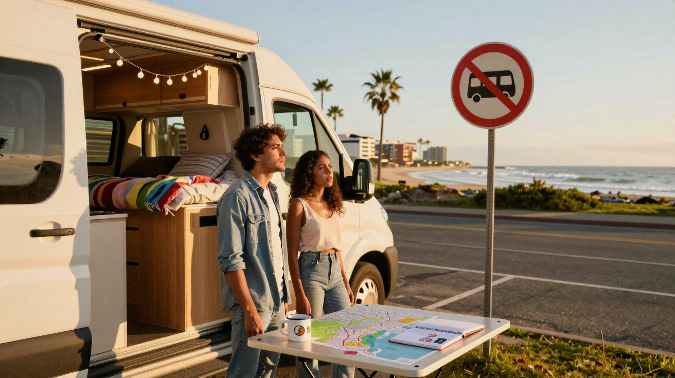 Casal jovem com autocaravana estacionada à beira-mar, olhando para a paisagem com mapa na mesa.