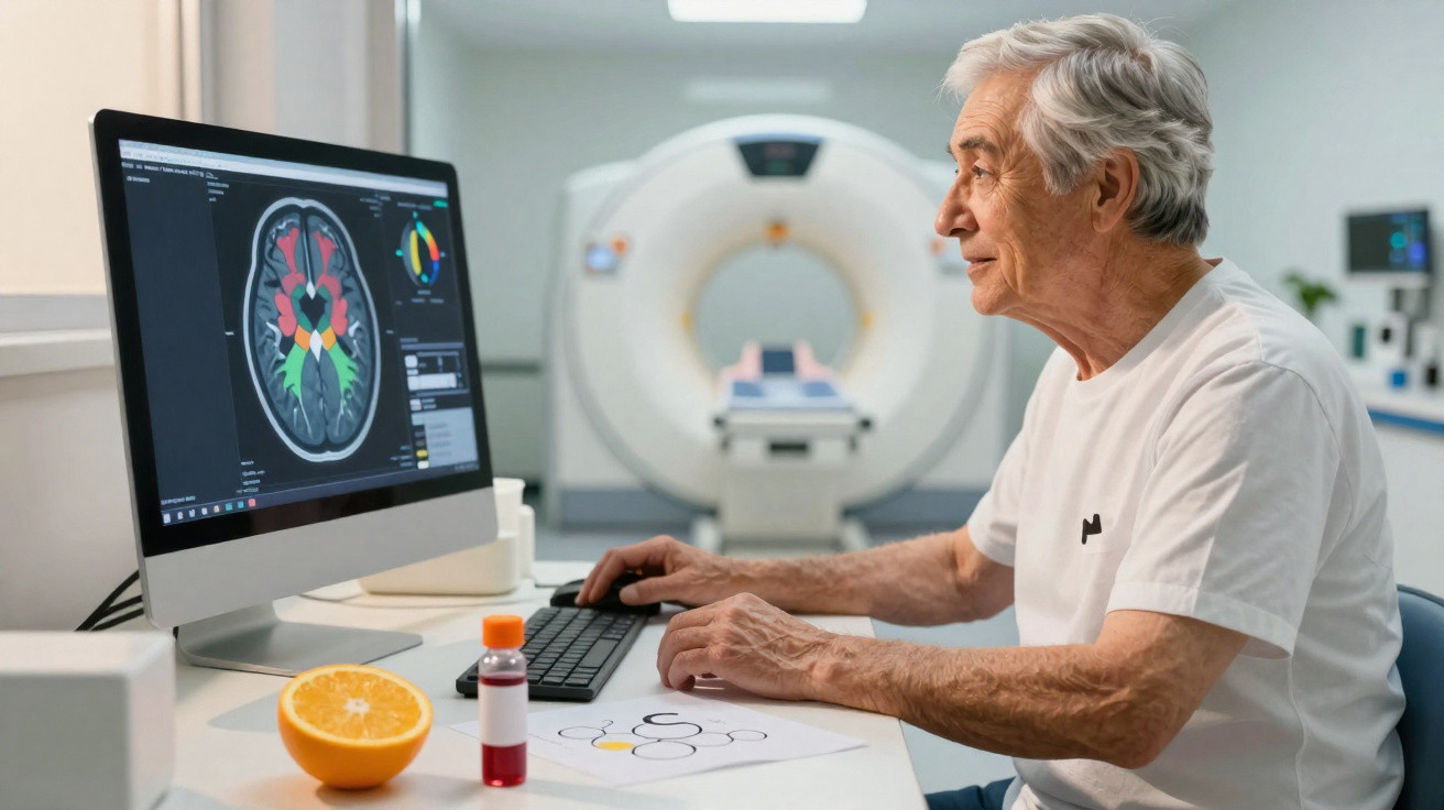 Idoso a analisar imagem cerebral no ecrã de computador, com máquina de ressonância magnética ao fundo.