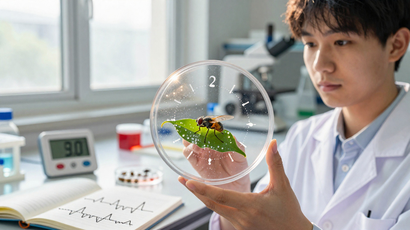 Cientista em laboratório observa inseto numa folha dentro de placa de Petri com relógio desenhado.