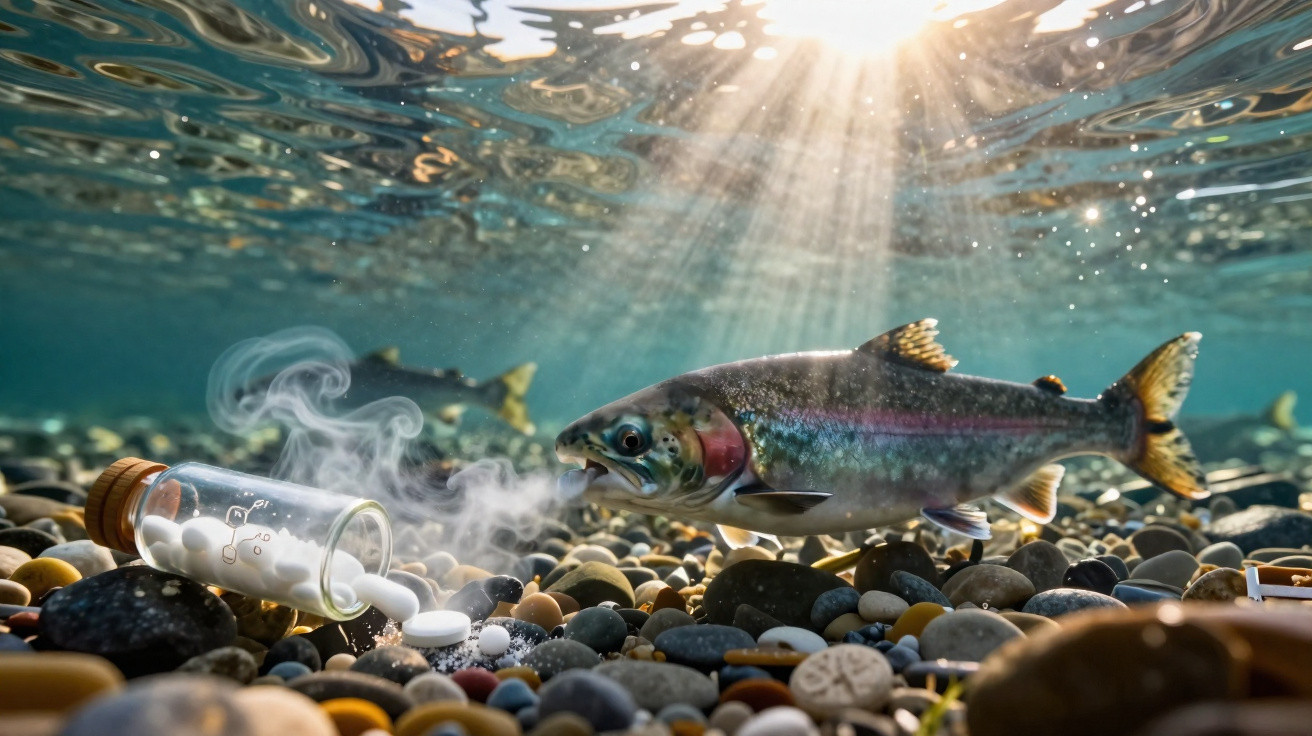 Peixe numa água limpa junto a comprimidos e pílulas dispersas sobre pedras subaquáticas com luz solar a penetrar a água.