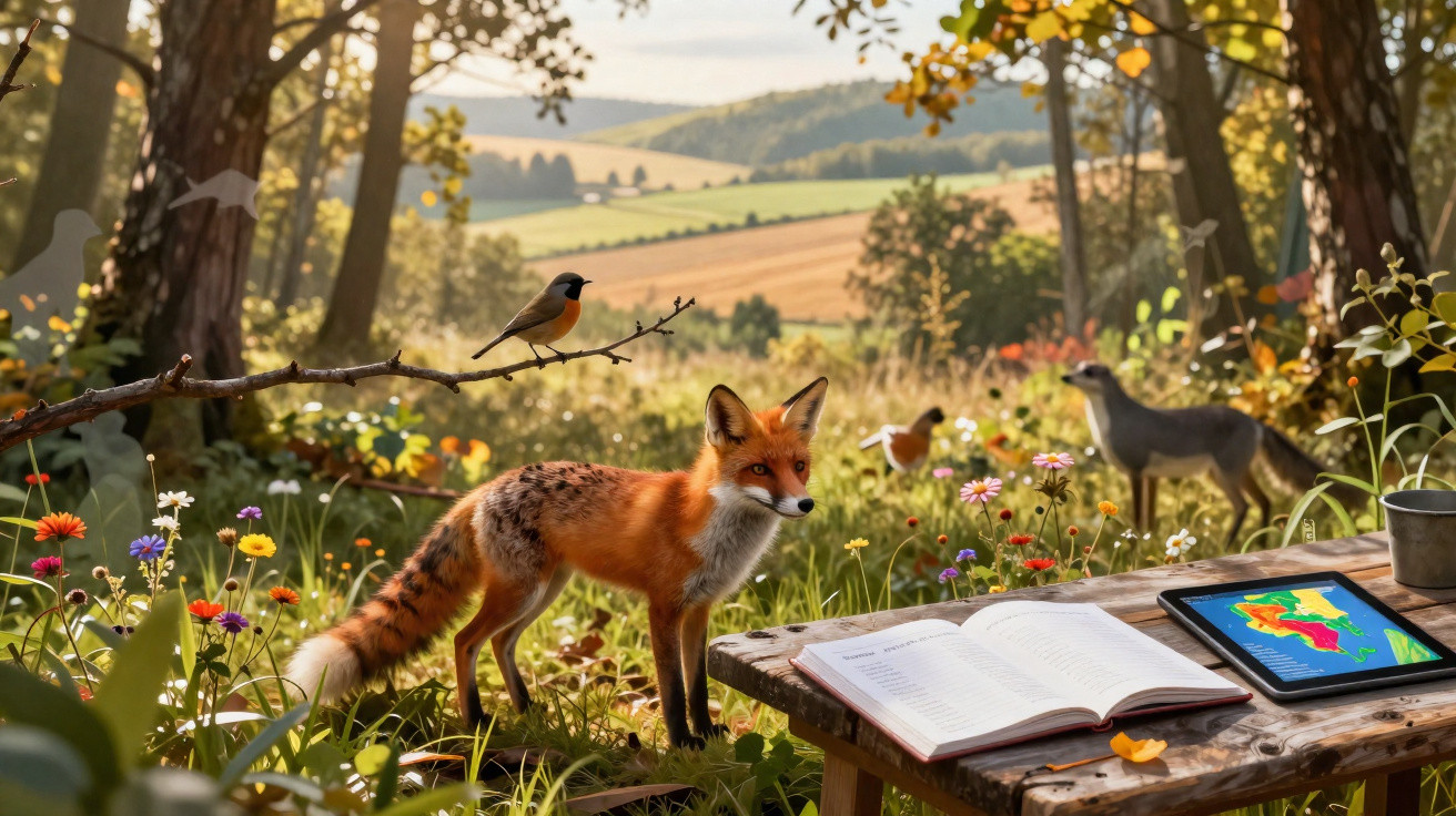 Raposa e pássaros num campo florido junto a mesa com livro aberto e tablet mostrando um mapa colorido.