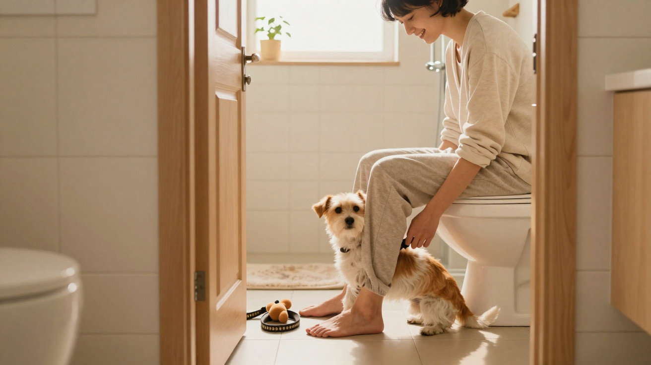 Pessoa sentada na sanita numa casa de banho com um cão pequeno junto aos pés.