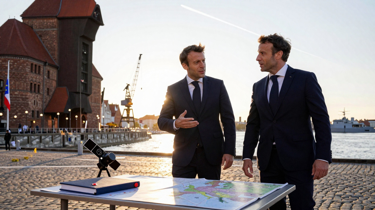 Dois homens em fato conversam perto de mesa com mapa e equipamentos em zona costeira ao pôr do sol.