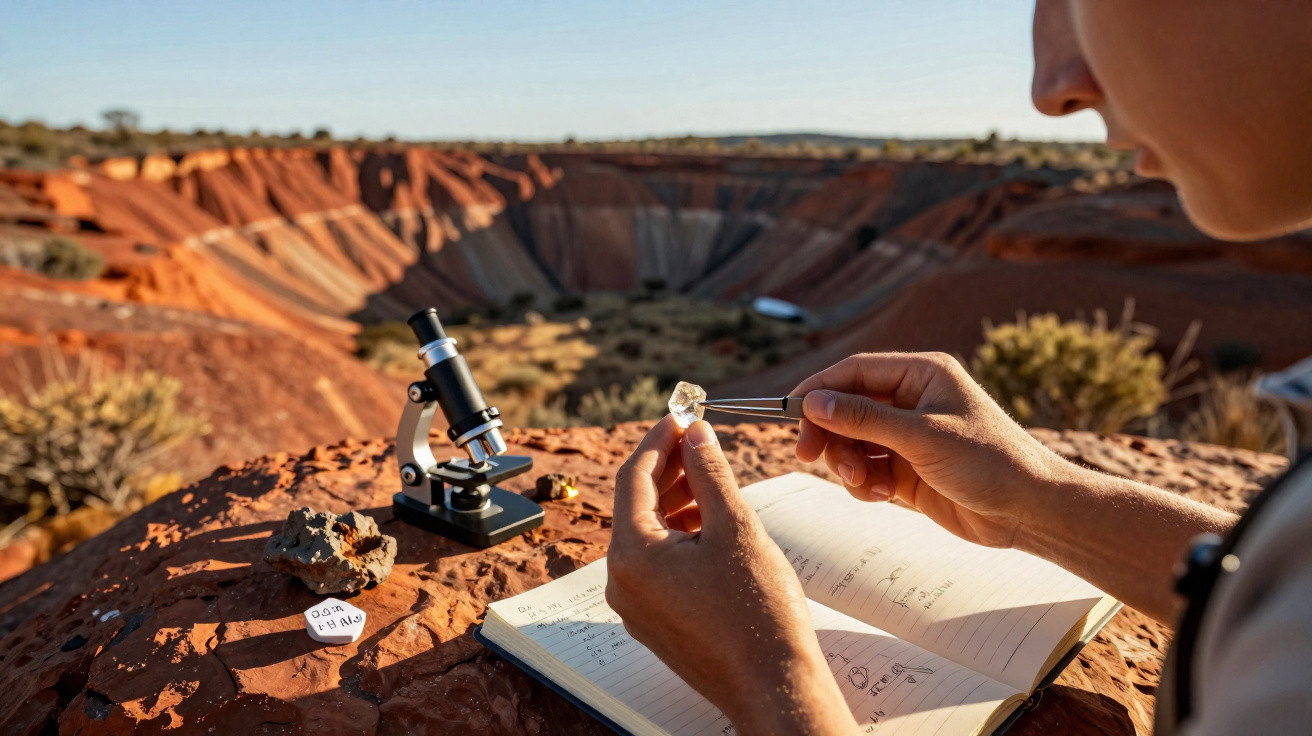 Pessoa a analisar uma pedra preciosa com pinça junto a microscópio e caderno, em mina a céu aberto.