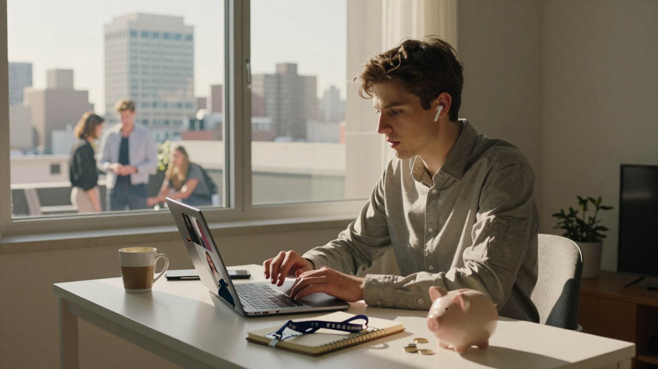 Jovem a trabalhar num computador portátil num escritório com vista para a cidade e colegas ao fundo.