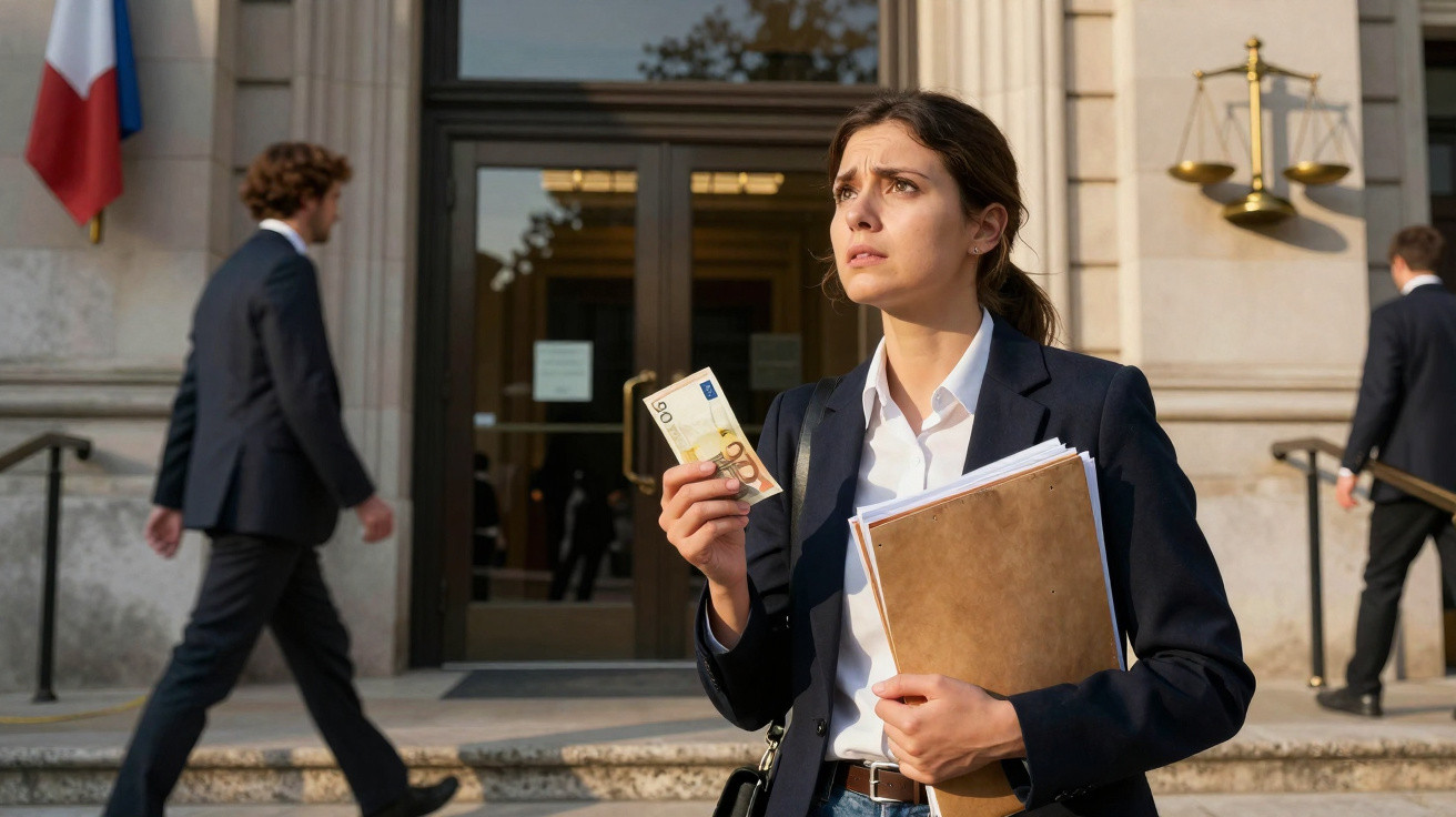 Mulher de fato segurando notas de 100 euros e pastas, à frente de prédio judicial com pessoas ao fundo.