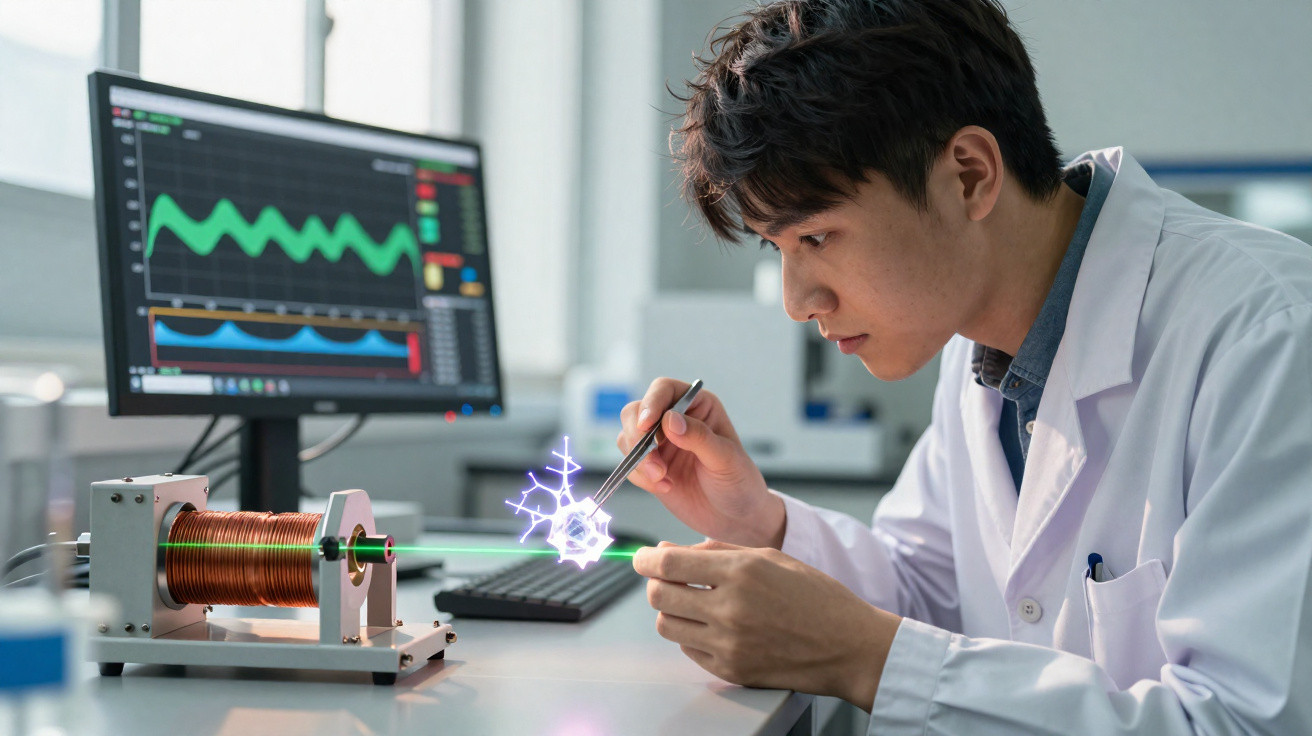 Homem de jaleco branco a analisar experiência científica com equipamentos e gráficos num laboratório moderno.