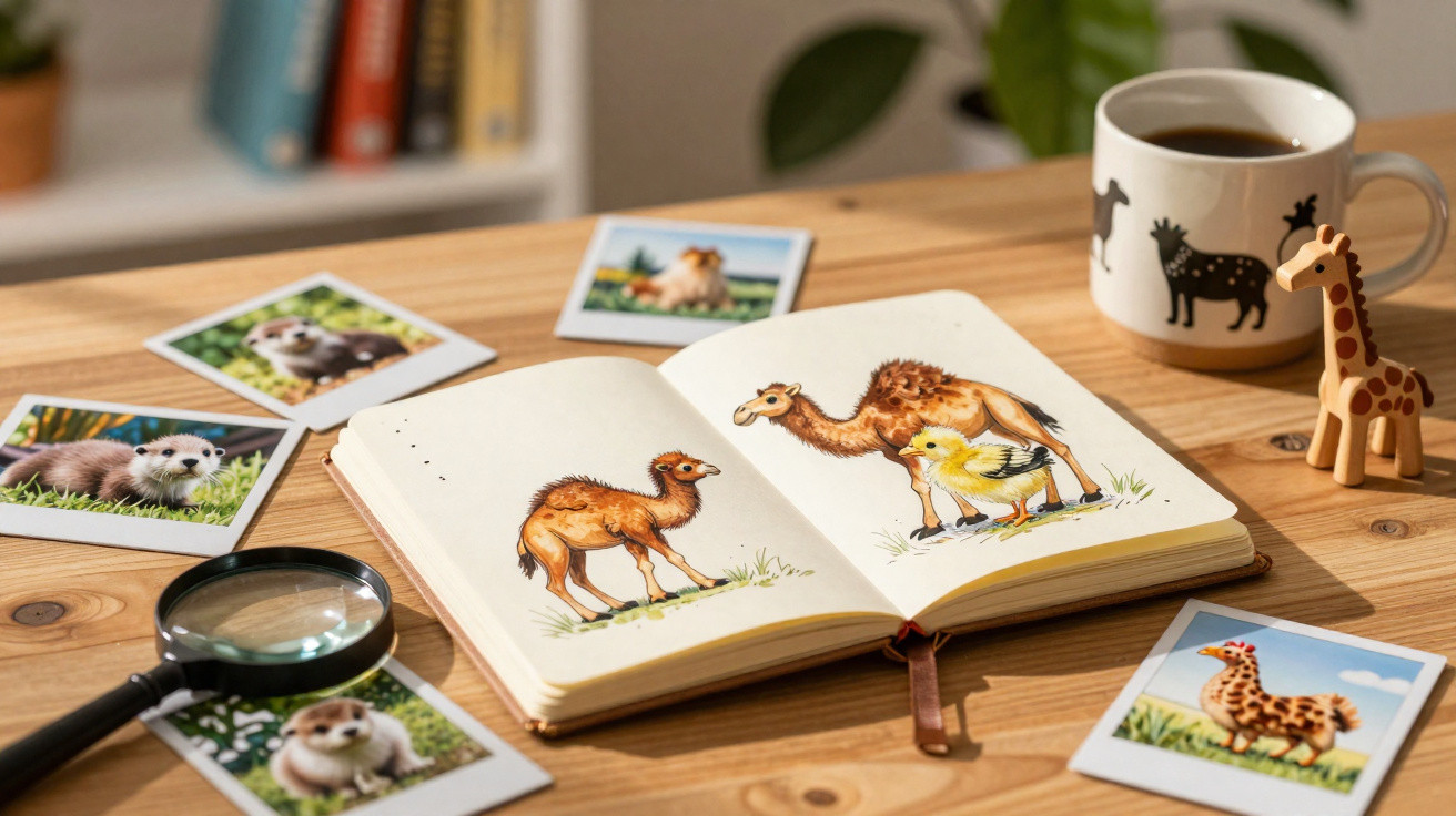 Livro aberto com ilustrações de um camelo, fotos de animais, lupa e caneca com café numa mesa de madeira.