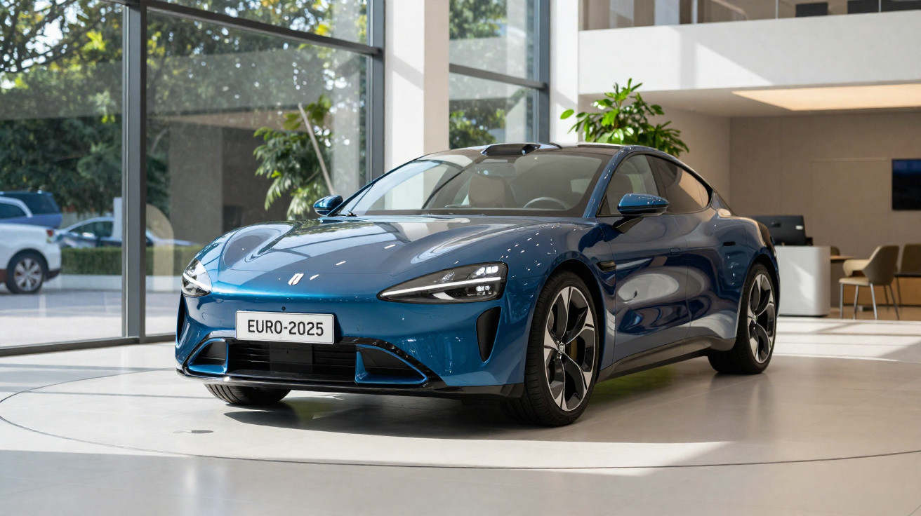 Carro desportivo elétrico azul numa exposição moderna com vidros grandes e iluminação natural.