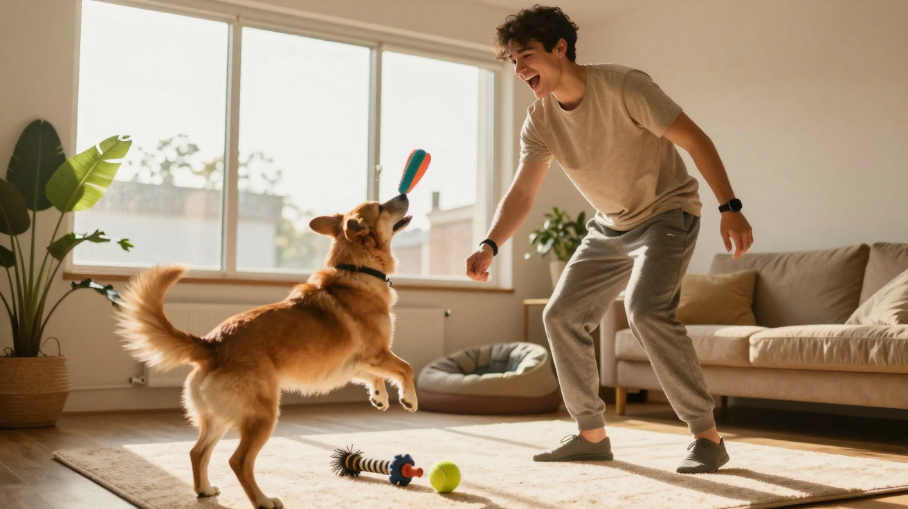 Jovem brinca com cão dentro de casa, lançando brinquedo colorido para o cão apanhar.