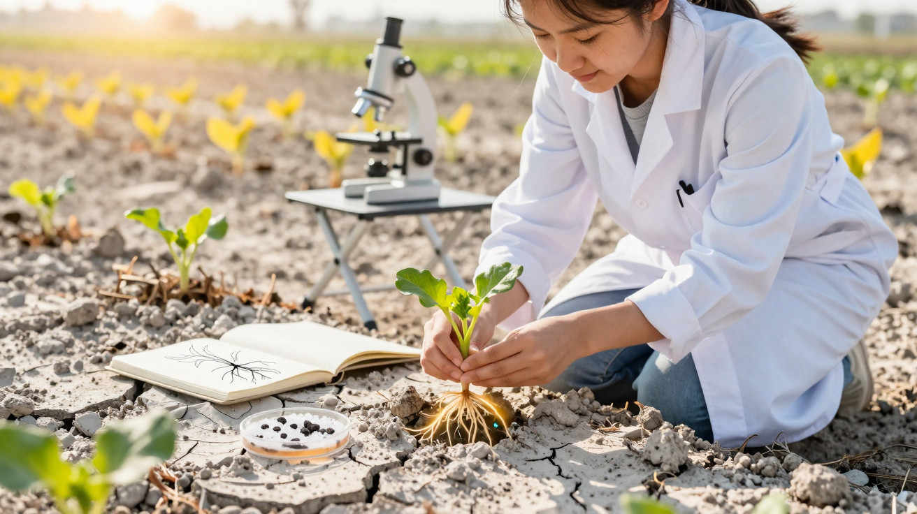 Cientista em bata examina planta com raízes num campo seco com livro e microscópio ao fundo.