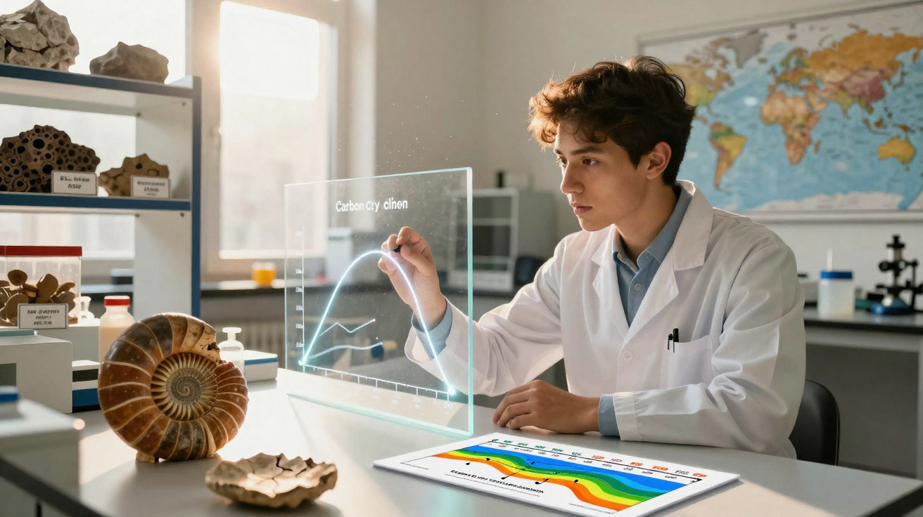 Jovem cientista em bata branca analisa gráfico digital transparente num laboratório iluminado.