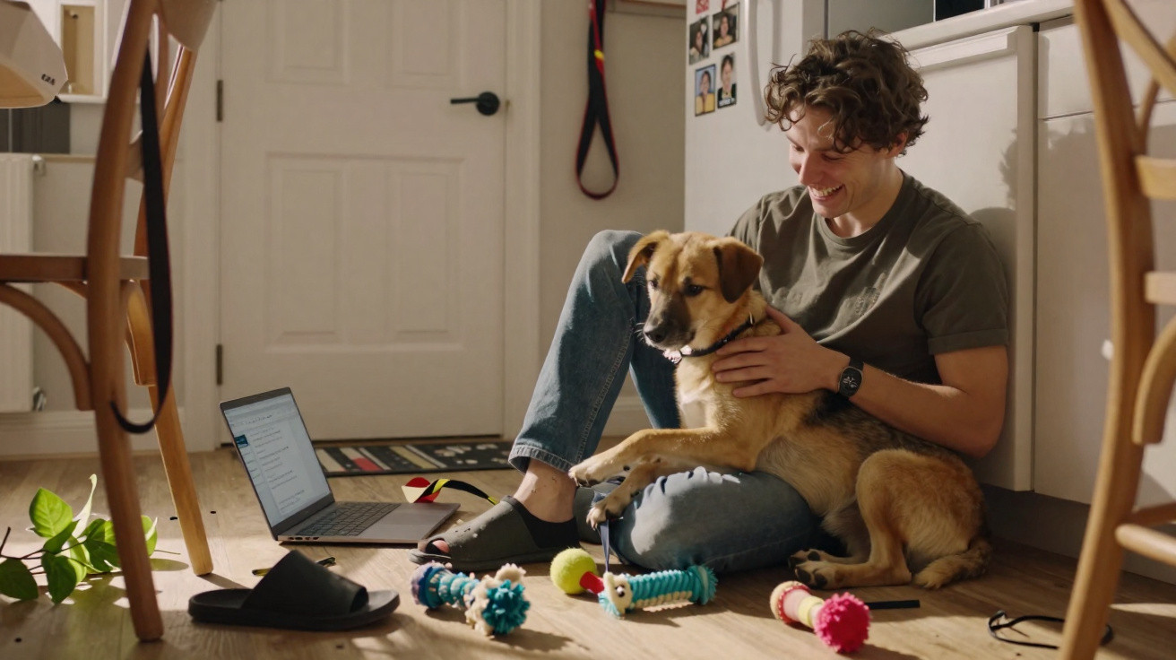 Jovem sentado no chão com cão e brinquedos, junto a computador portátil numa cozinha iluminada.