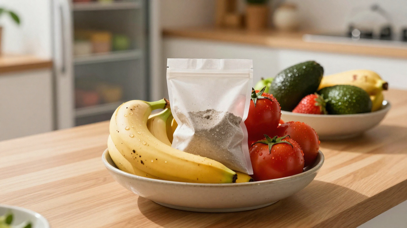 Fruta fresca em duas taças, incluindo bananas, tomates, abacates e morangos, com pacote branco no centro.