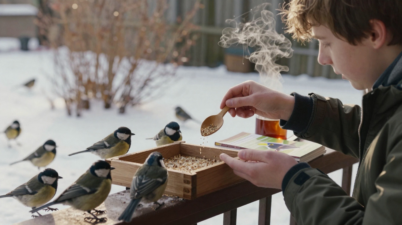 Criança a alimentar pardais numa caixa de sementes num dia de inverno com neve e chá quente ao lado.
