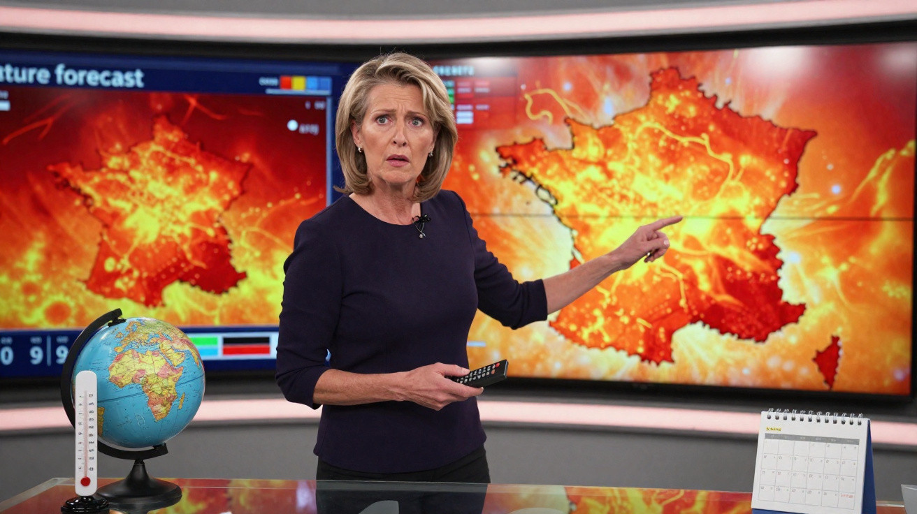 Apresentadora de notícias meteorológicas aponta para mapa da França em alerta de calor intenso em estúdio de televisão.