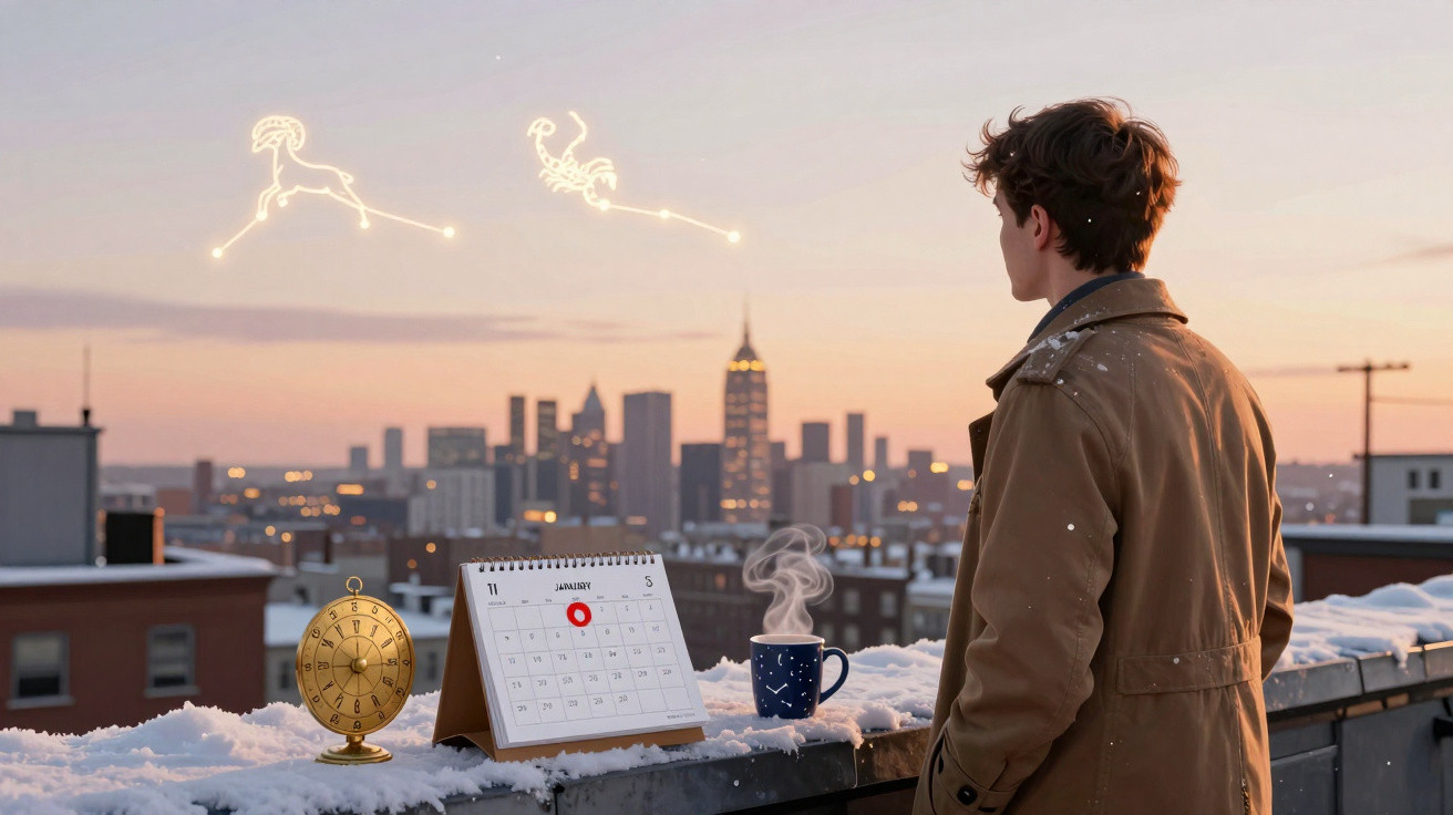 Homem com casaco castanho observa cidade ao pôr do sol com símbolos astrológicos, calendário e chá quente na neve.
