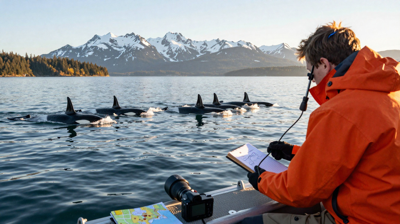 Pessoa em barco observa e regista grupo de orcas no mar com montanhas nevadas ao fundo.