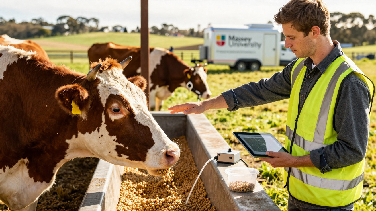 Homem com colete refletor usa tablet para monitorizar alimentação de vaca numa quinta com vacas ao fundo.