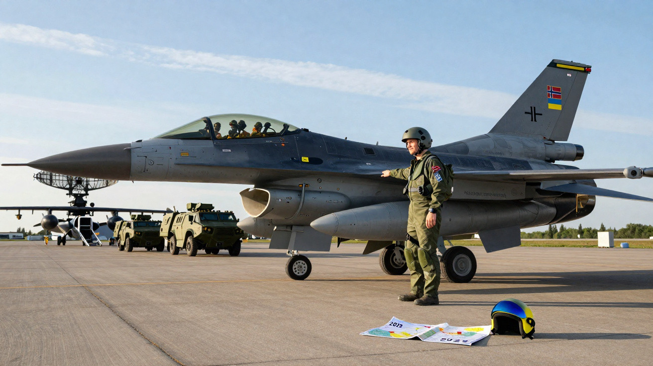 Militar ao lado de avião de caça F-16 estacionado num aeroporto militar em dia de céu limpo.