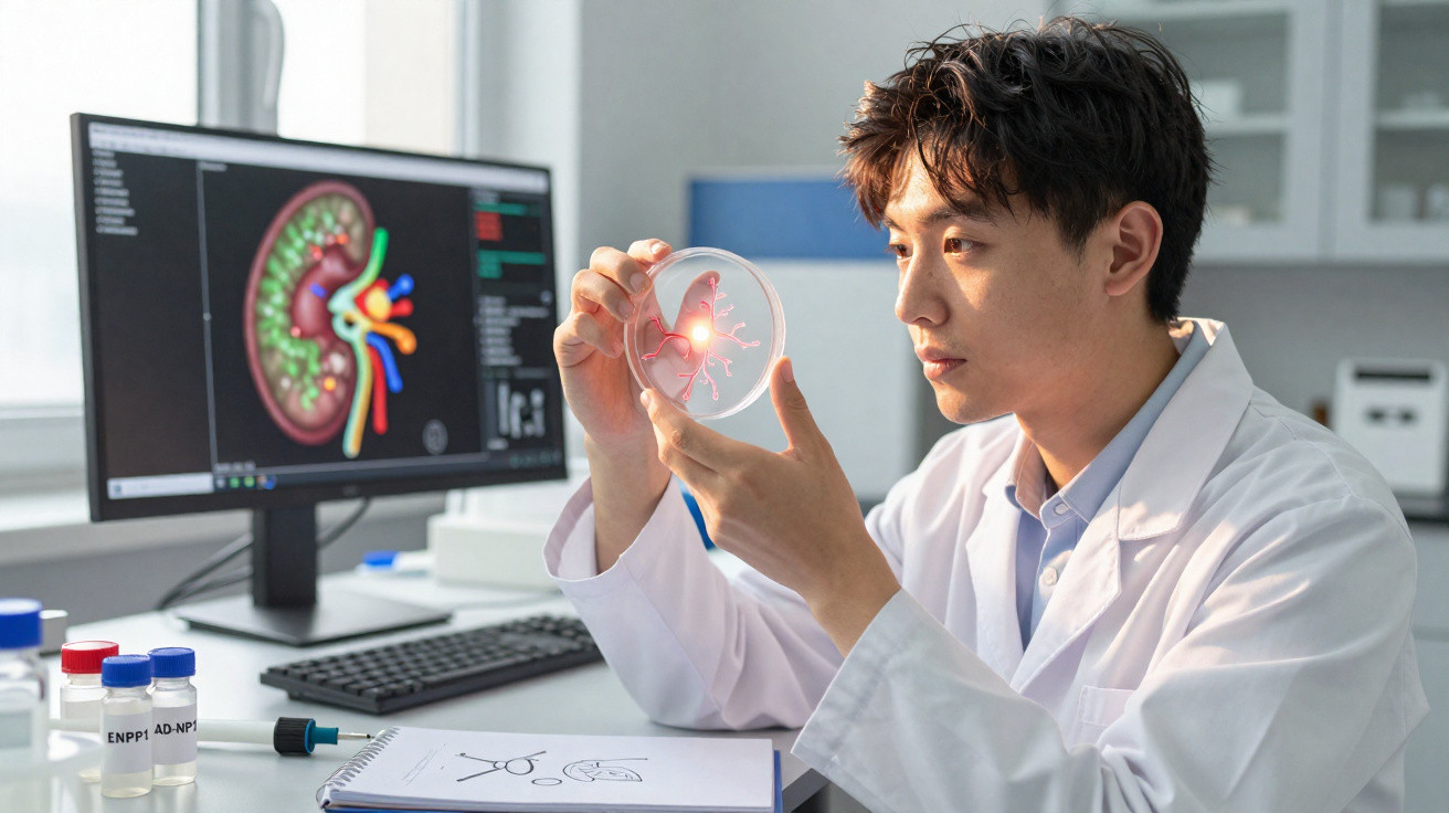 Cientista em laboratório a examinar uma amostra em placa de Petri com imagem de rim no ecrã do computador.