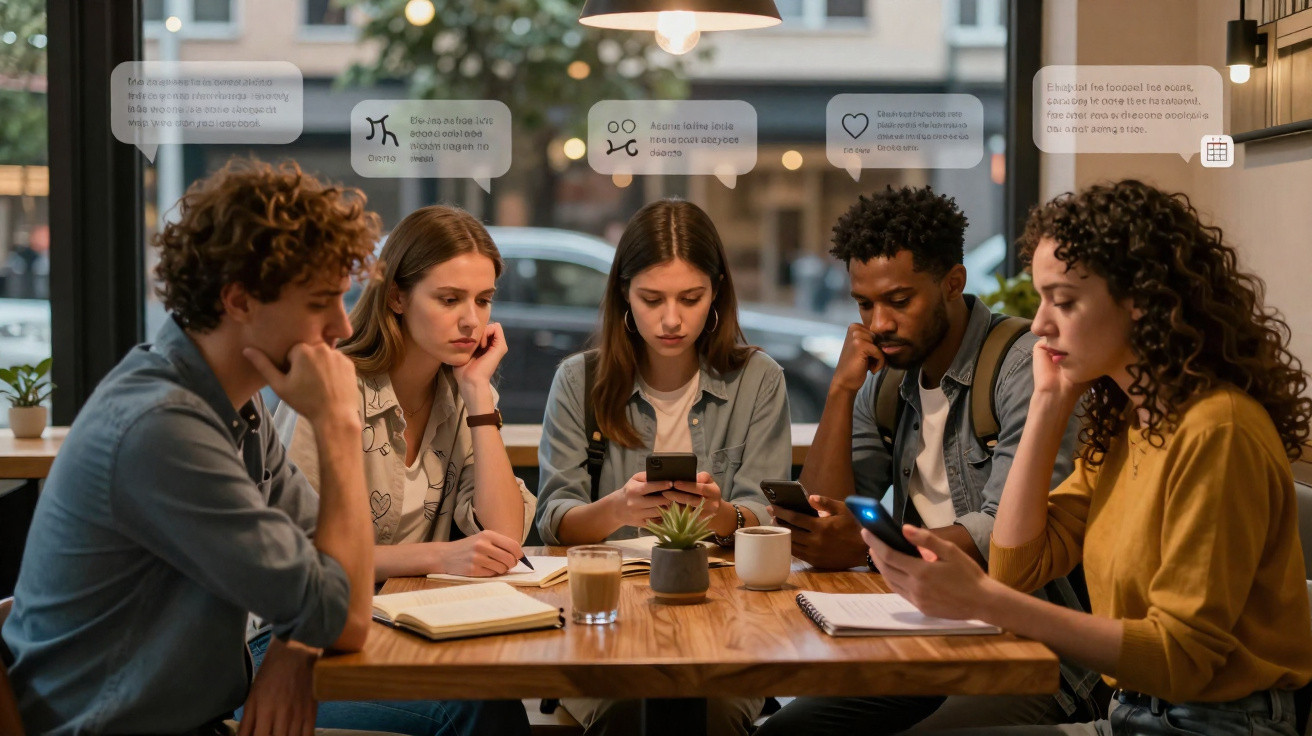 Grupo de jovens sentados à mesa de café, concentrados nos seus telemóveis e cadernos.