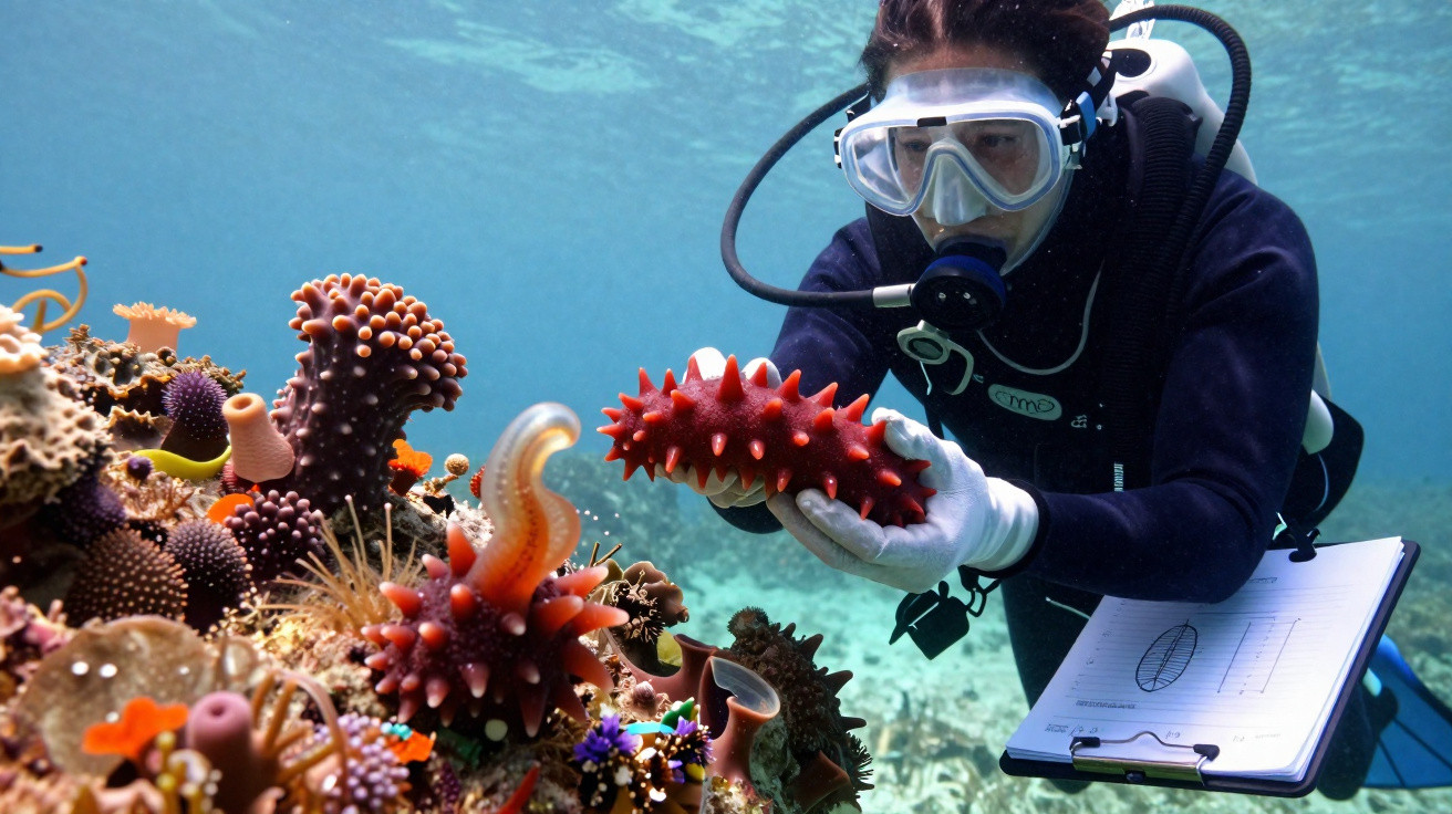 Mergulhador com equipamento a analisar várias cracas vermelhas e corais coloridos no fundo do mar.