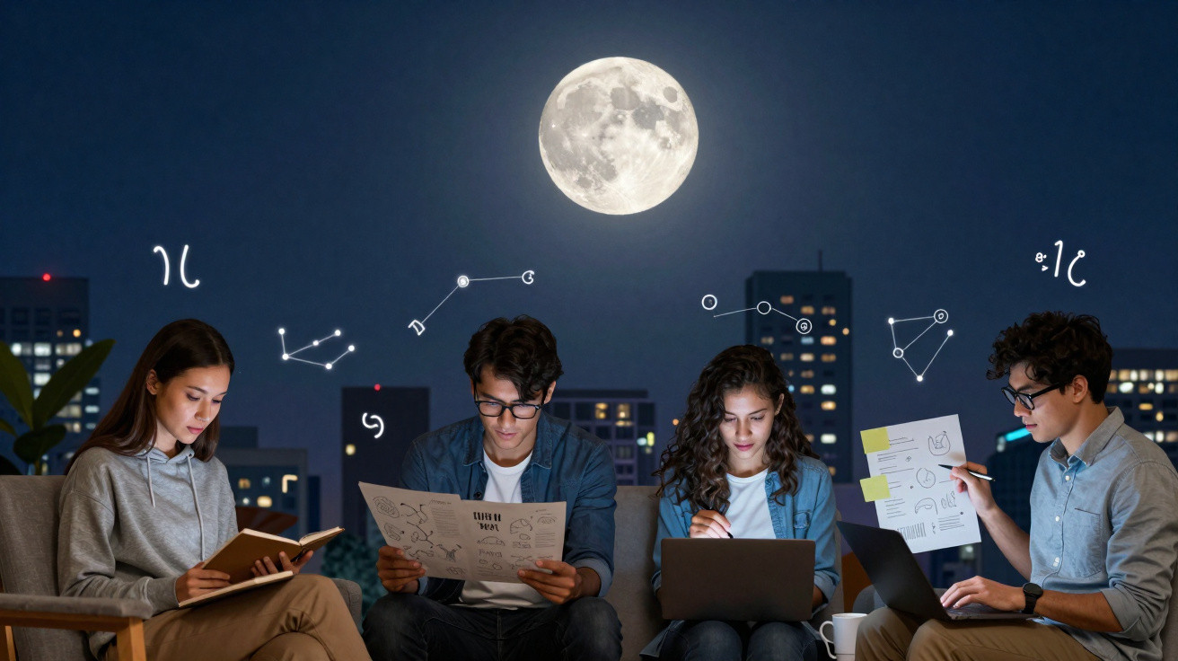 Quatro jovens estudam astronomia ao ar livre à noite, com a lua cheia e constelações desenhadas no céu.