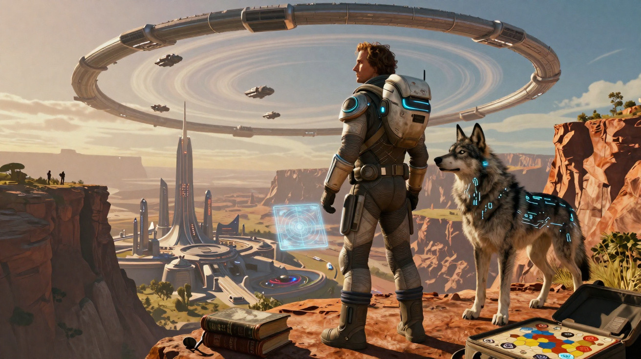 Explorador espacial e cão cibernético observam cidade futurista e anel metálico no céu sobre deserto rochoso.