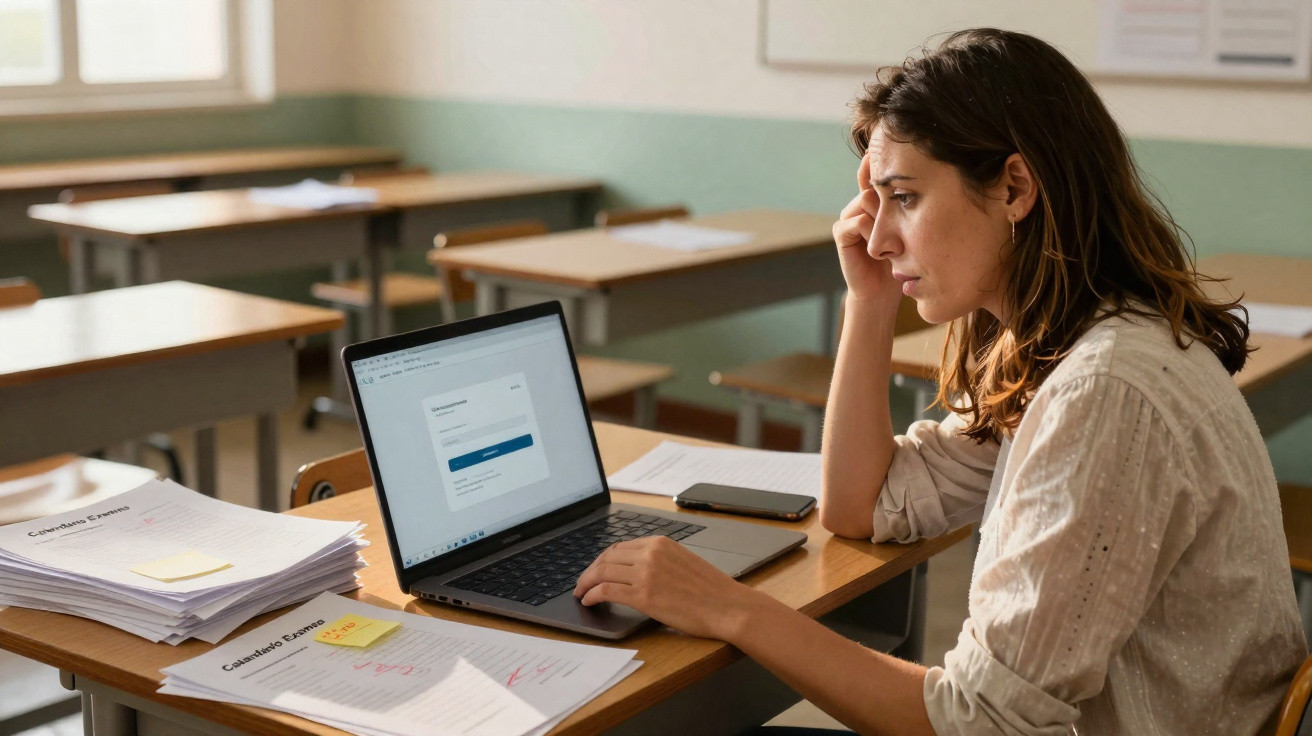 Mulher preocupada sentada numa sala de aula com papéis e computador portátil à sua frente.