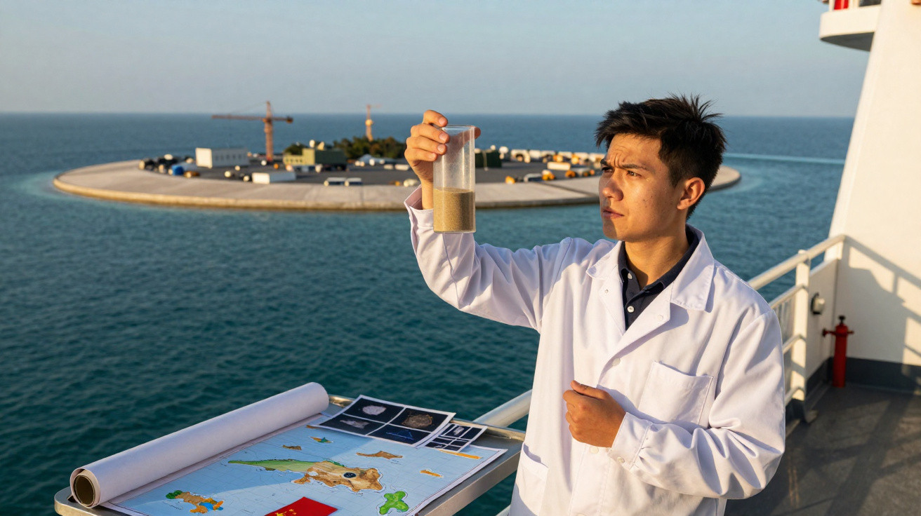 Cientista em bata branca analisa amostra de sedimentos no convés de um navio perto de ilha artificial.