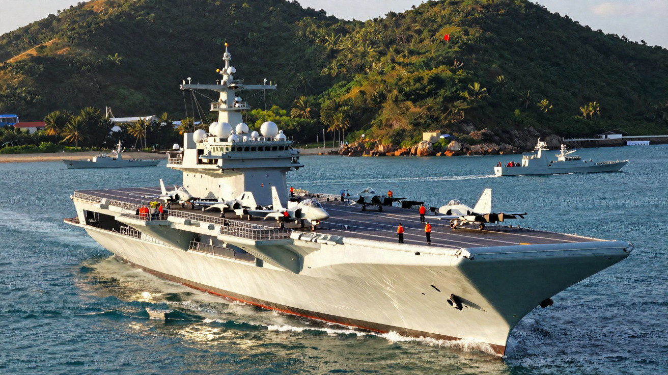 Porta-aviões militar em mar calmo próximo de ilhas com vegetação densa e pessoas no convés.