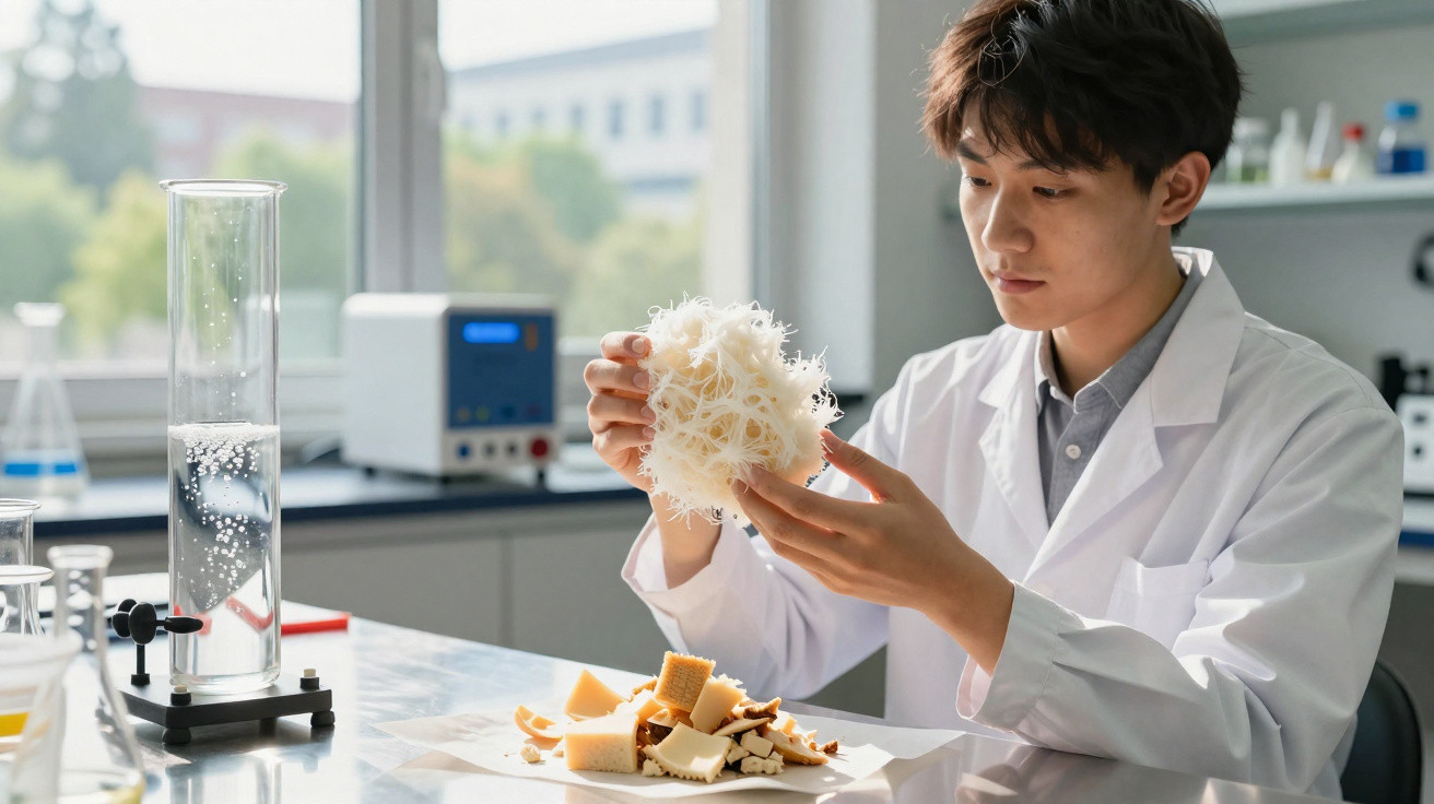 Cientista a analisar amostra branca e textura fibrosa num laboratório científico bem iluminado.