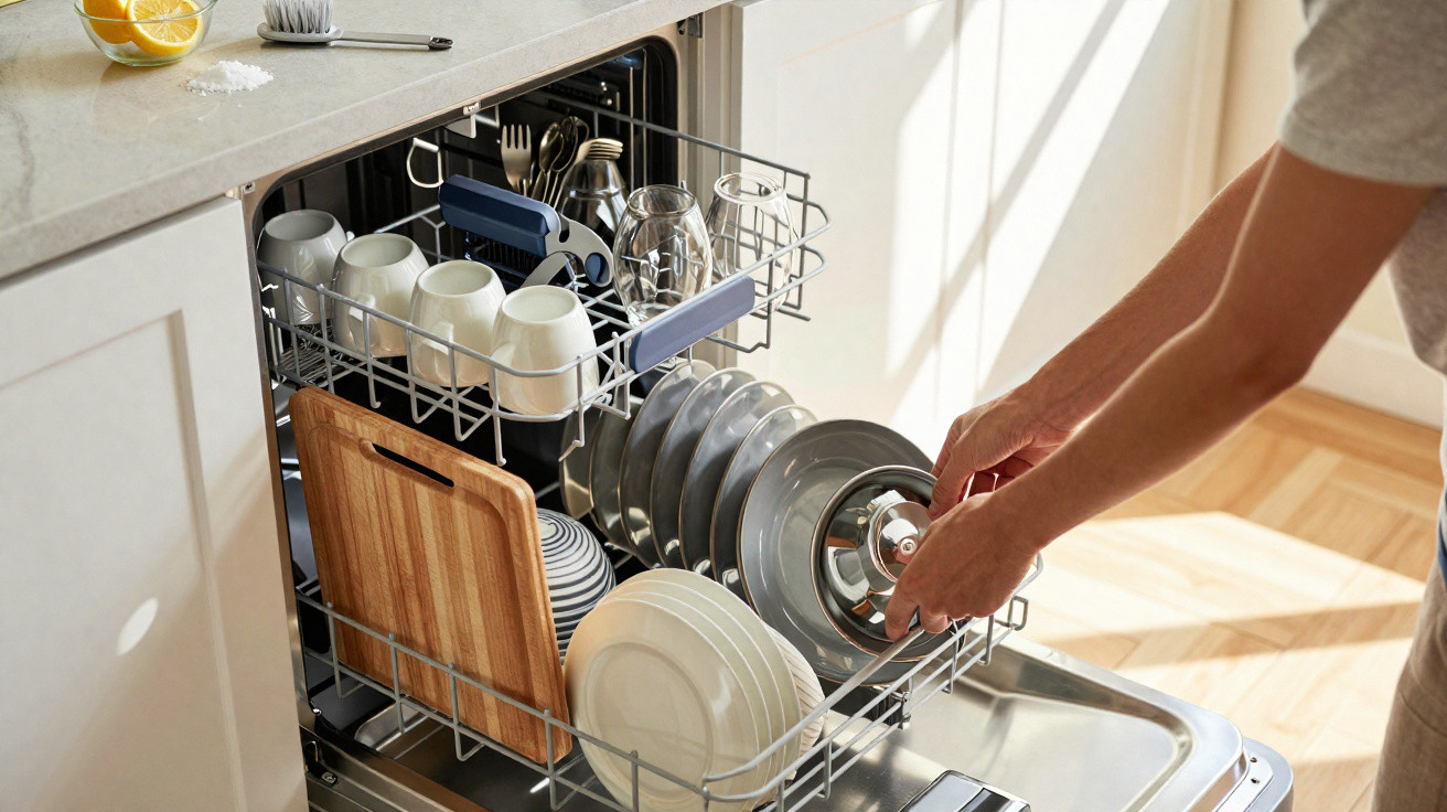 Pessoa a colocar pratos limpos numa máquina de lavar loiça aberta numa cozinha iluminada.