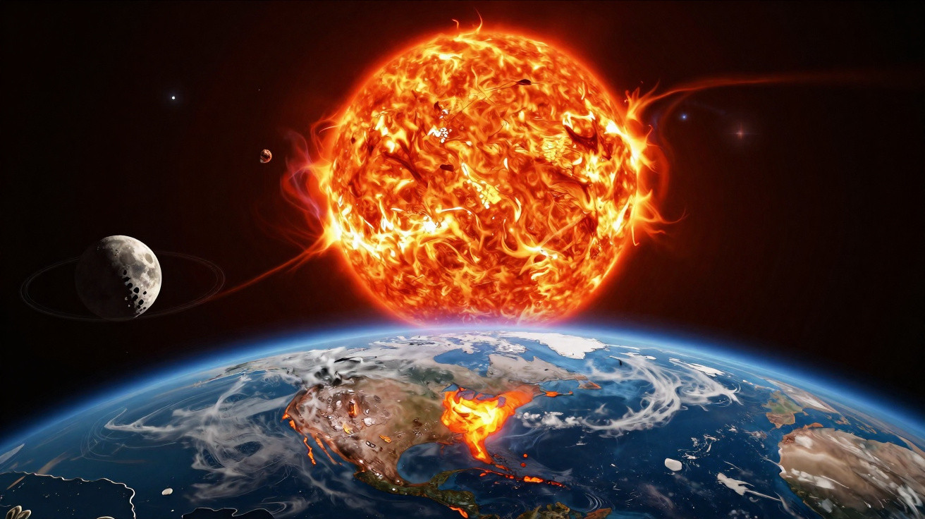 Ilustração do Sol em chamas próximo da Terra vista do espaço com a Lua em segundo plano.