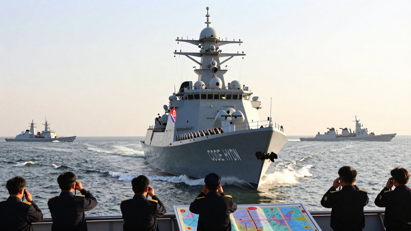 Navios de guerra norten-coreanos com tripulantes a assistir na proa de outra embarcação.