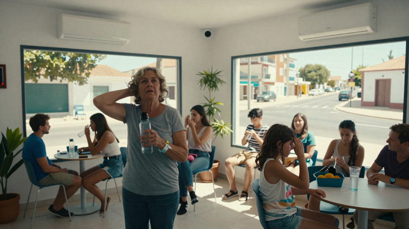 Interior de café com várias pessoas sentadas e uma mulher de cabelo cinza em pé segurando uma garrafa de água.