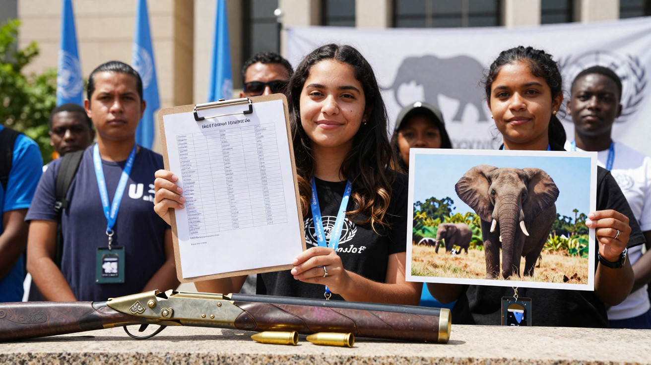 Grupo de jovens mostra fotos de elefantes e lista de caça, com arma antiga sobre mesa, em protesto ambiental.