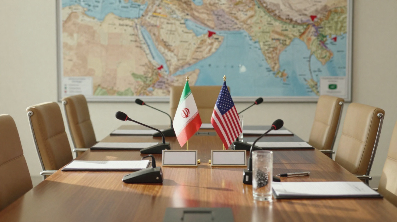 Mesa de reunião com bandeiras do Irão e dos Estados Unidos e microfones, com mapa do Médio Oriente ao fundo.