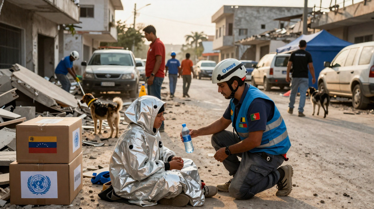 Homem com equipamento de proteção oferece água a pessoa sentada em rua com destroços e caixas de ajuda humanitária.